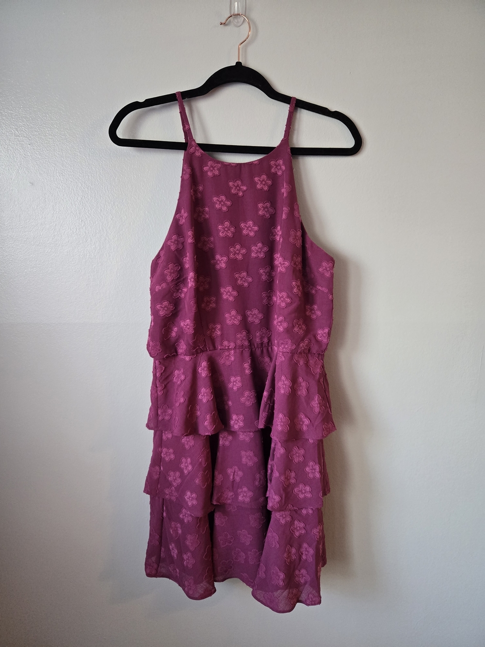 The General Good Plum Magenta Floral Tiered Ruffle Mini Halter Dress Size Large